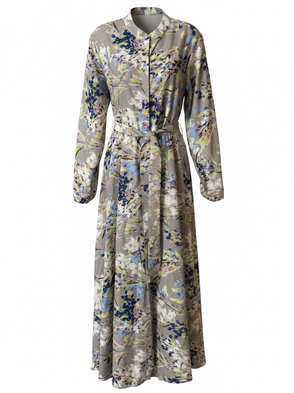 NWT Annahhariri Floral Long Sleeve Belted Maxi Dress in Gray - Picture 2 of 12